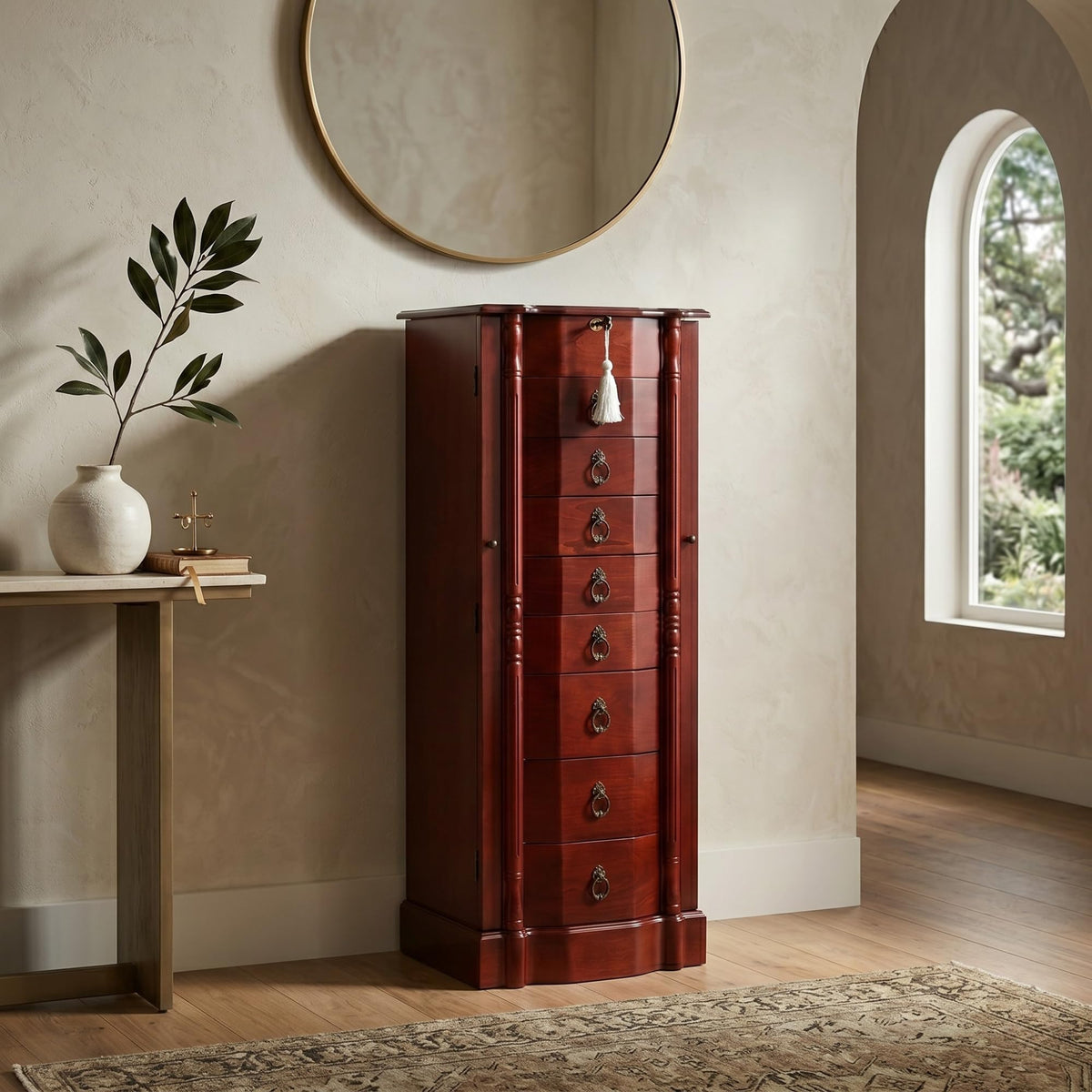 Hives and Honey Francesca Traditional Standing Jewelry Armoire Cabinet, Antique Locking Storage Organizer with Mirror, 8 Drawers, Necklace Hooks, Anti-Tarnish Lining, Cherry