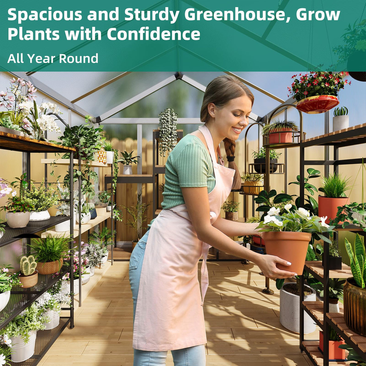 GarveeLife 6x8 FT Greenhouse - Large Aluminum Greenhouses for Outdoors, Heavy Duty Polycarbonate Greenhouse with Roof Vent&Ground Nails, Walk-in Green houses for Garden, Backyard, Patio, Easy Assembly