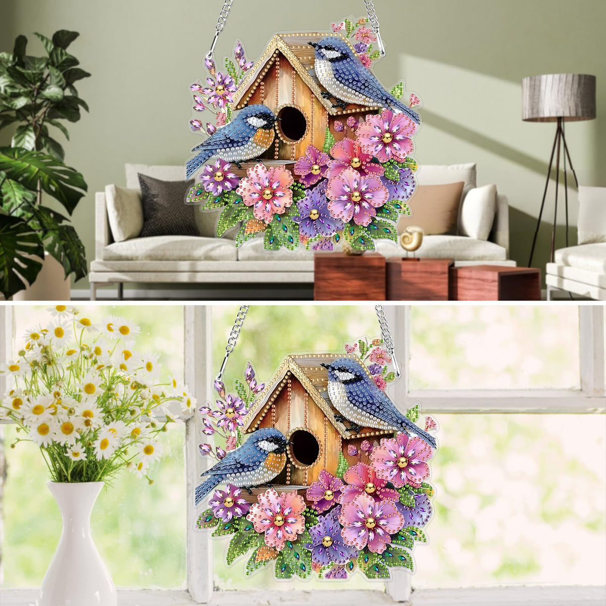 MXJSUA Birds Flowers Special Shaped Hanging Diamond Painting Art Kits for Adults, Crystal Rhinestone Acrylic Gem Art Pendant Ornaments Kit for Home Decoration and Gift