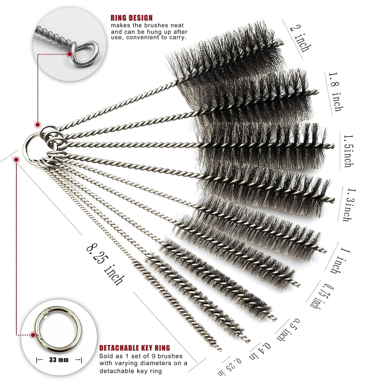 Pipe Cleaning Brush Set Stainless Steel Bristles, Stainless Steel Pipe Brush Steel Bottle Brush 9 Piece Variety Pack for Auto Parts, Bottles, Tubes, Etc.