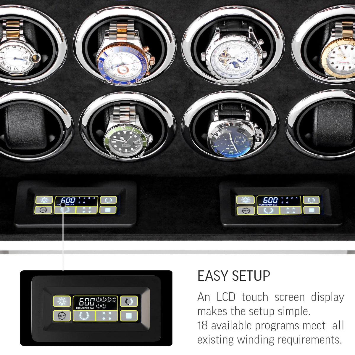 12 Watch Winder for Automatic Watches with LED Light and LCD Touchscreen Control (White)