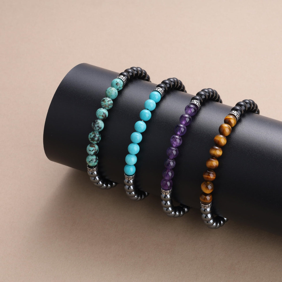 GAVU 6mm Triple Protection Bracelet, Men's Crystal Bracelet, Hematite Obsidian African Turquoise Bracelet for Men