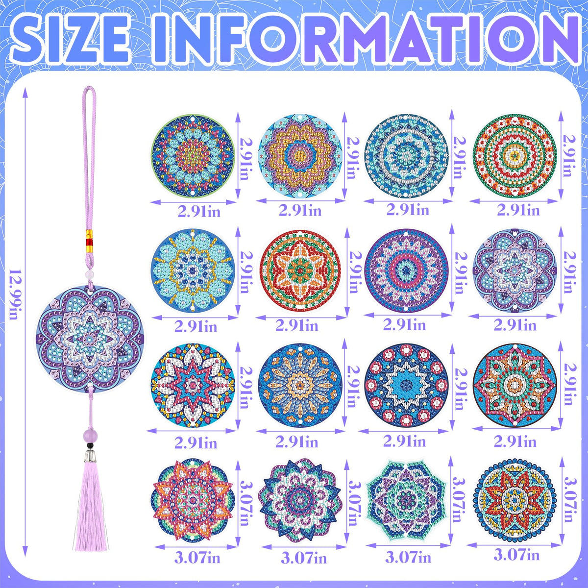 Saillong 16 Pcs Diamond Art Car Ornaments Mandala Diamond Painting Kit Ornament for Car Hanging Suncatchers Charm for Rear View Mirror Double Sided Painting Crystal Gem Garden Decoration Paint DIY Kit