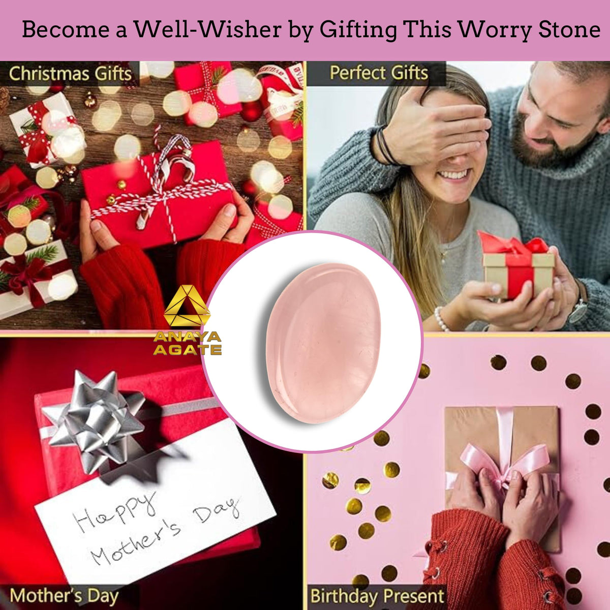 Anaya Agate Rose Quartz Worry Stones Certified Crystal Thumb Worry Stone for Anguish, Relaxing and Soothing Balance Stones for Meditation, Stress Relief Crystals and Healing Stones for Men, Women