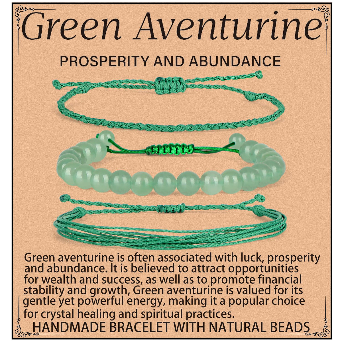 QOGIR Handmade Healing Stones Bracelet,8mm Natural Green Aventurine Gemstone Beads Bracelet,for Men Women Gifts with 2PCS Size Adjustable Rope Bracelets