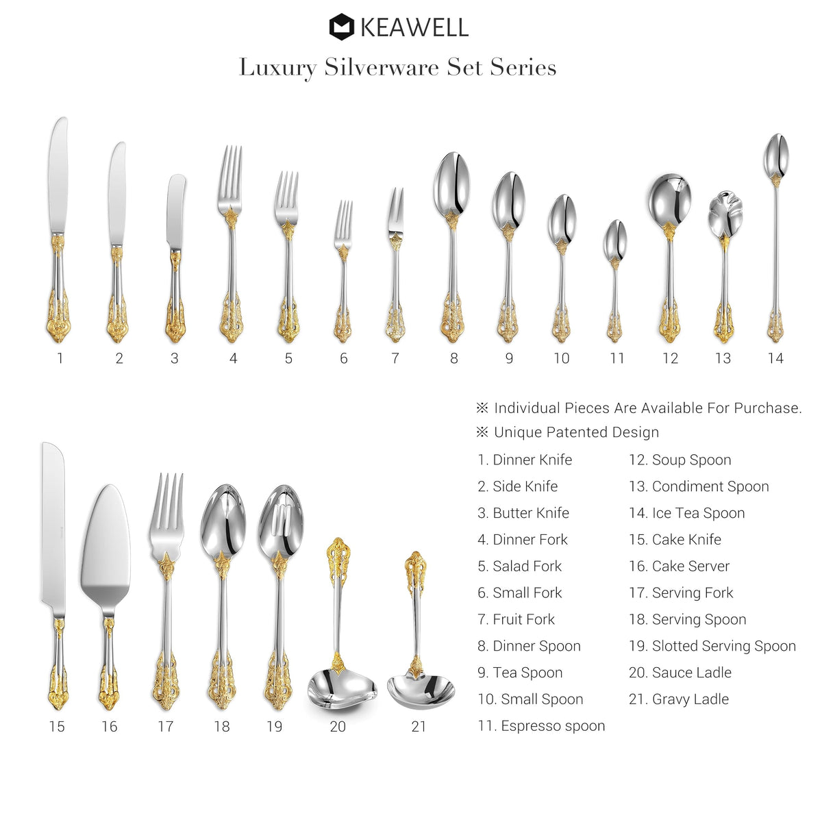 KEAWELL Luxury 65 Pieces 18/10 Stainless Steel Flatware set, Service for 12, silver plated with gold accents, Fine Silverware set and Dishwasher Safe