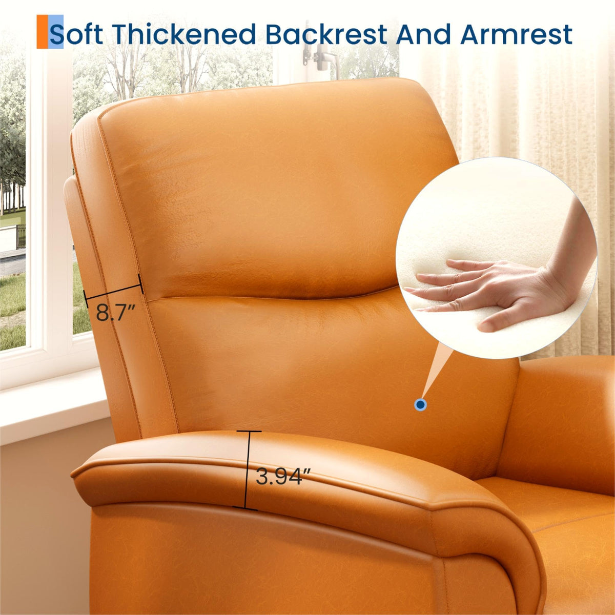 GarveeHome Recliner Chair, 360° Swivel Rocker Glider Nursery Chair with Padded Armrest and Deep Seat, PU Leather Upholstered Reclining Sofa Chair for Living Room, Bedroom and Nursery (Vibrant Orange)