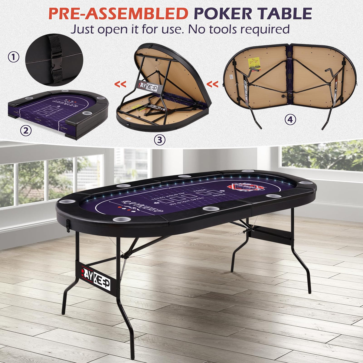 RAYKEEP 71" LED Poker Table - 8 Player Foldable Texas Hold'em Table with Built-in LED Lights, Padded Rails & 8 Cup Holders, Portable Casino Card Table for Home Game Room & Parties