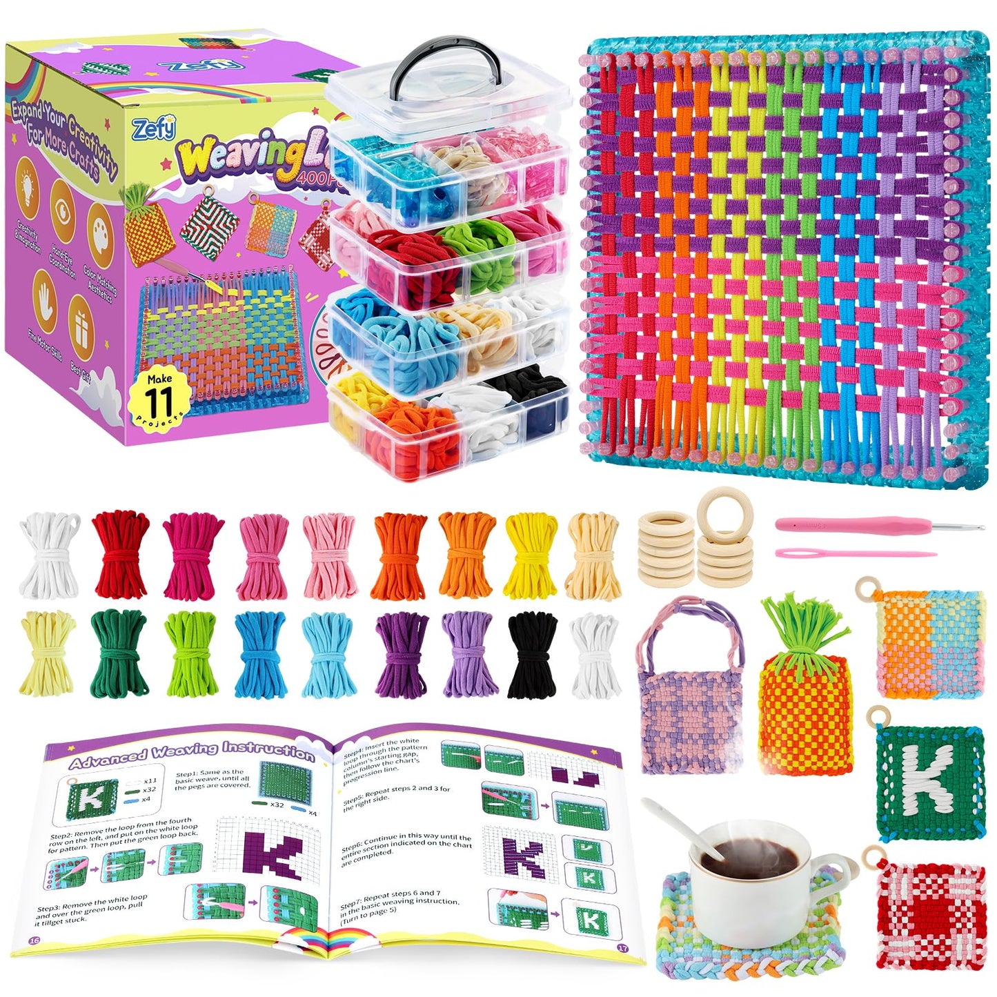 Zefy 400 Pcs Weaving Loom Kit Toys, 17 Colors Loom Loops with 11 PCs Wooden Rings, Rainbow Loops Making Potholder Loom Knitting Crafts Easter Gifts for Kids Girls Adults