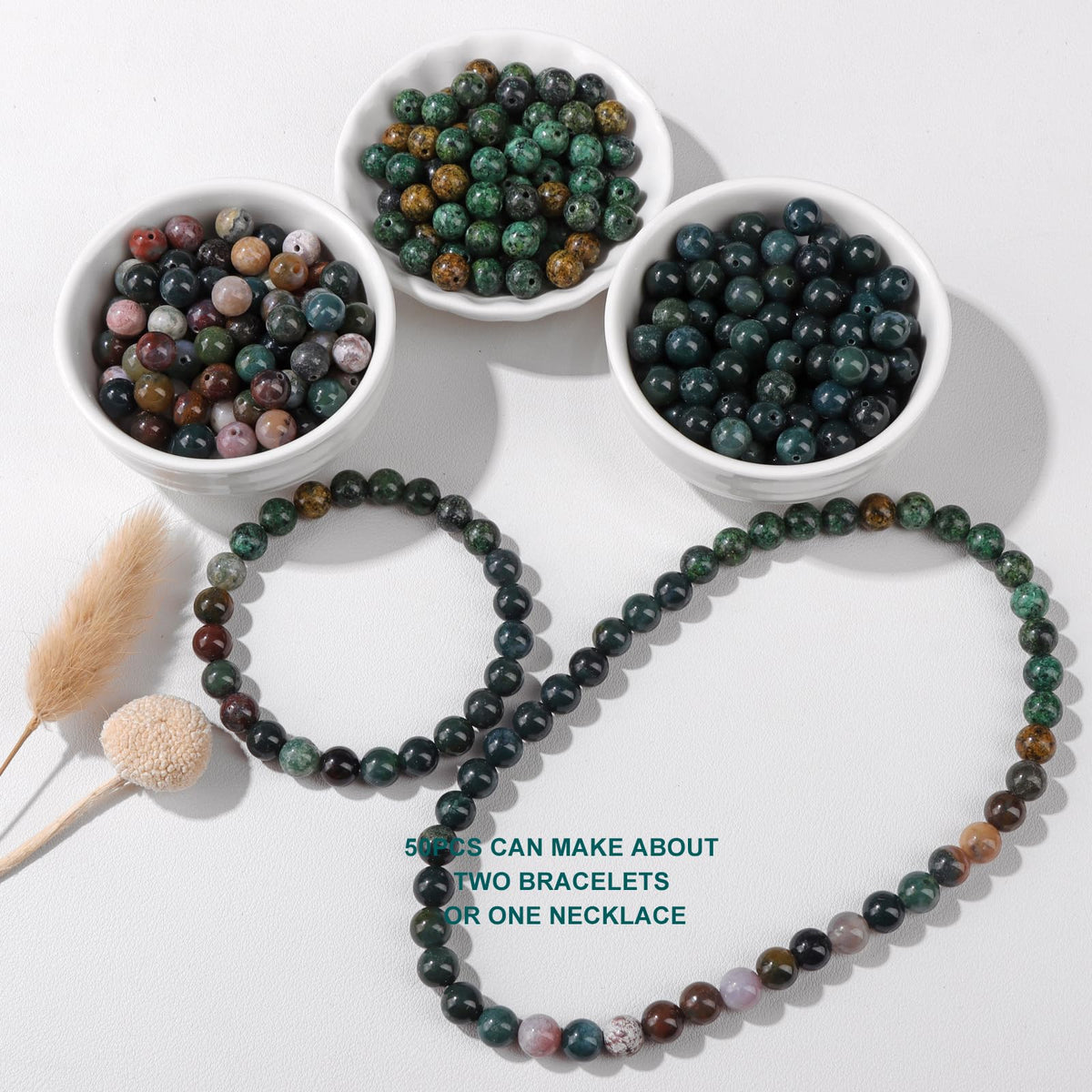 Risyfjew 50PCS 8mm Natural Moss Agate Beads Gemstone Round Loose Beads for Jewelry Making Chakra Crystal Stone Beads for Bracelets Necklace Earrings Making Supplies (50pcs/Strand)