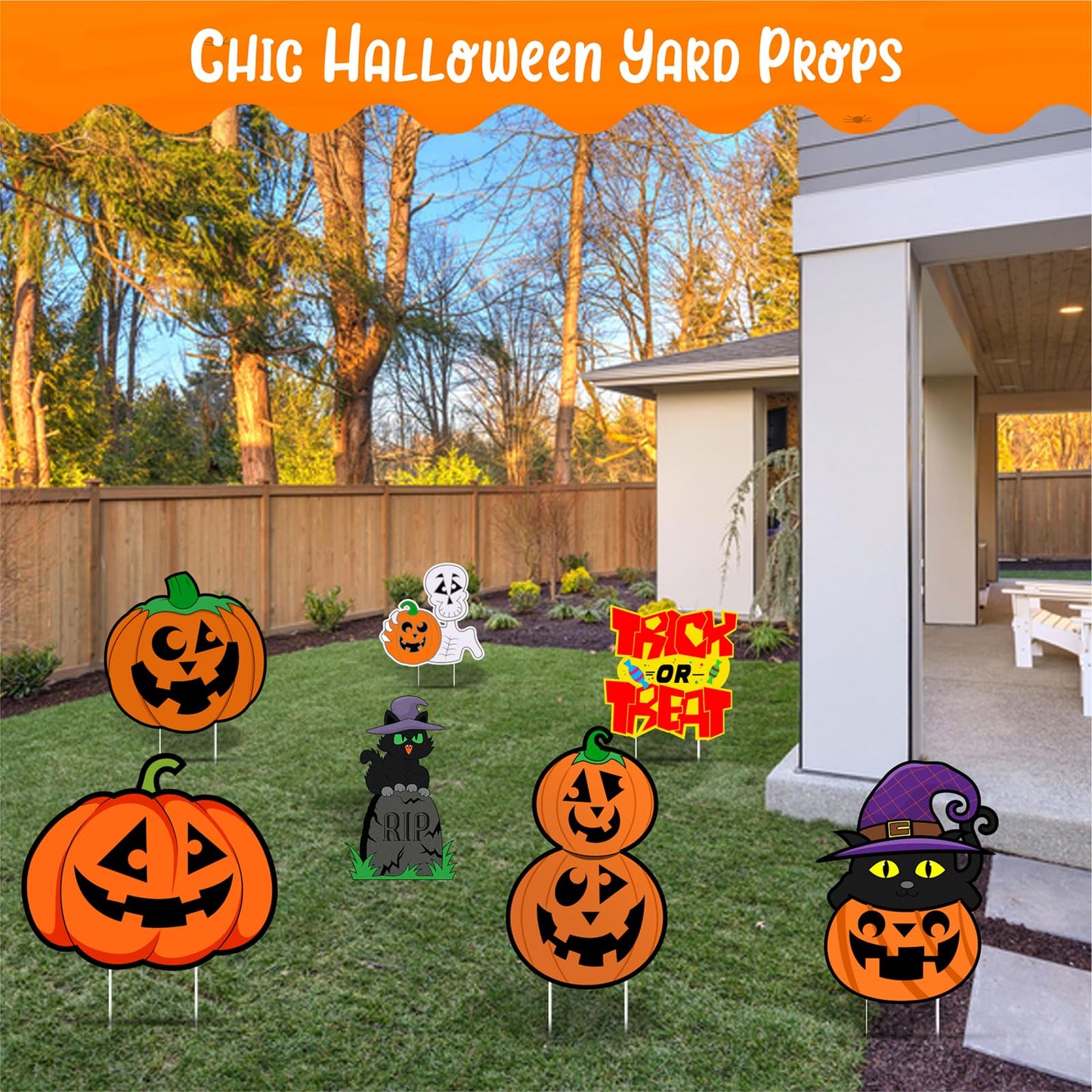 Halloween Pumpkin Decorations, Halloween Outdoor Yard Signs, Monster Stakes for Lawn Garden Decor with Pumpkin, Black Cat, Skull, TRICK OR TREAT 6 pcs
