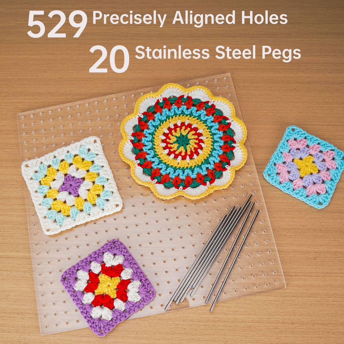 NiHome Clear Acrylic Crochet Blocking Board Kit for Crochet, Weaving, Craft Projects, 11"x11" with 529 Precisely Spaced Holes and 20 Stainless Steel Pins, Suitable for Beginners and Craft Enthusiasts