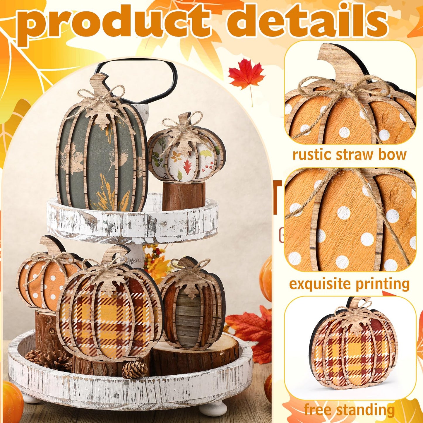 Leinuosen 6 Pcs Fall Pumpkin Decor Fall Decor for Home Pumpkin Wooden Block Sign Autumn Tiered Tray Decorations Thanksgiving Table Centerpieces Decorations for Harvest Party Home Shelf