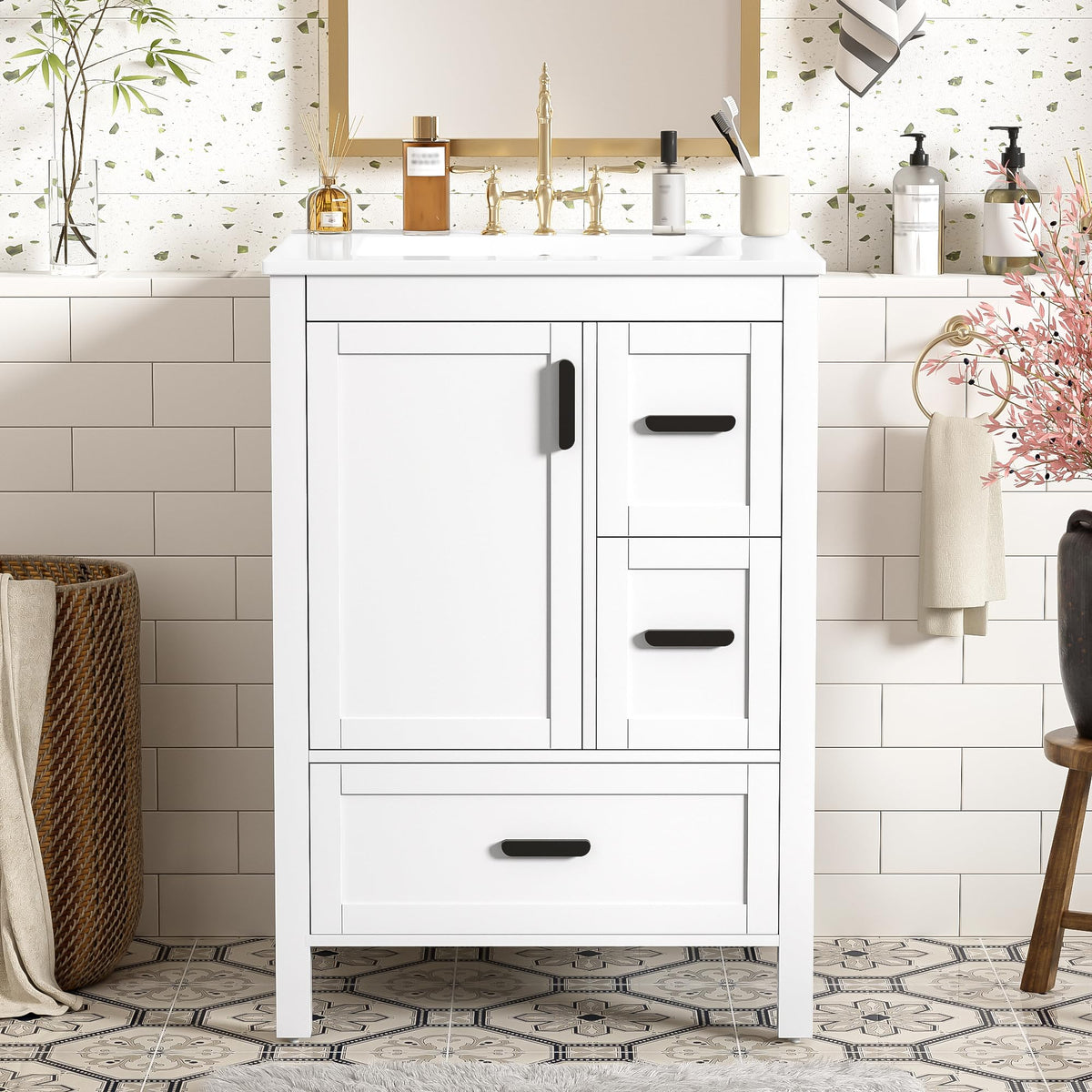 Favfurish 24" Bathroom Vanity with Ceramic Sink,Freestanding Bathroom Vanities with Soft-Closing Door and Double-Layer Door Shelf,Modern Bath Storage Cabinet w/ 3 Drawers,White