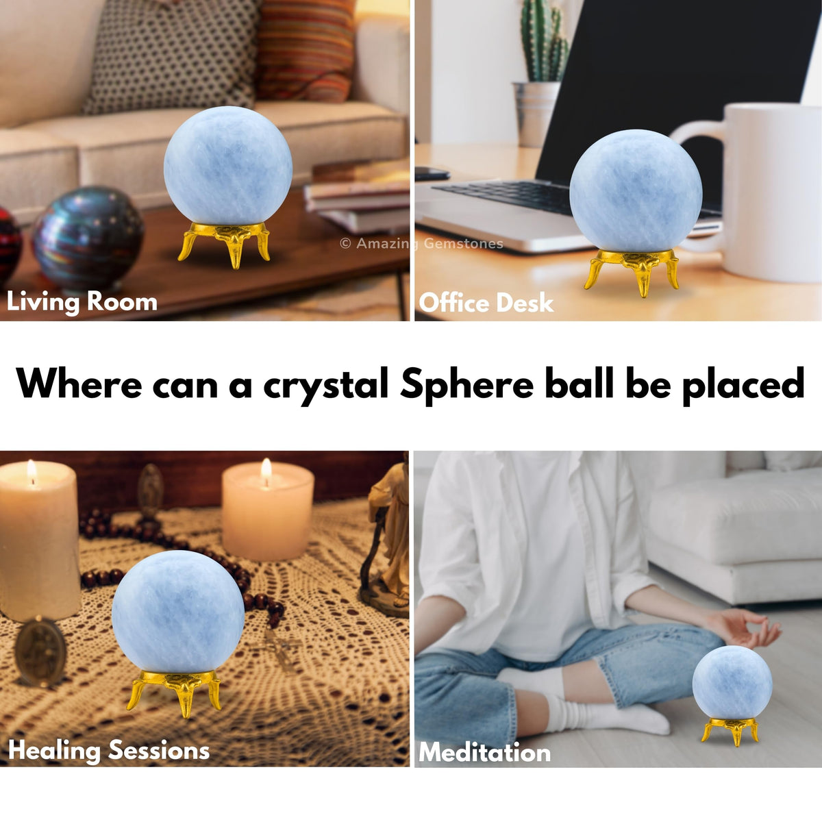 Amazing Gemstone Blue Calcite Crystal Ball with Stand - 2" Inches Crystal Sphere Meditation Balls for Witchcraft and Decorative Balls