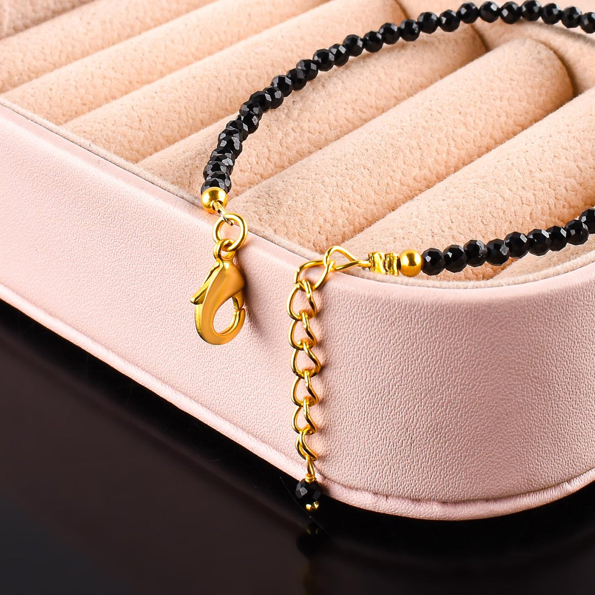 Natural Black Spinel Gemstone Micro Beads Dainty Bracelet Jewelry for Women, Birthstone, Chakra Energy Crystals, 14k Gold Plated Chain 8 inch Adjustable