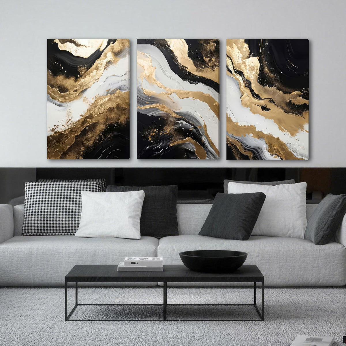 Palette Dreams 3 Piece Framed Black And White Abstract Canvas Wall Art, Black Gold Canvas Black Marble Picture Wall Decor, Modern Gold Foil Art Poster Print for Living Room Bedroom Bathroom 20x30 Inch