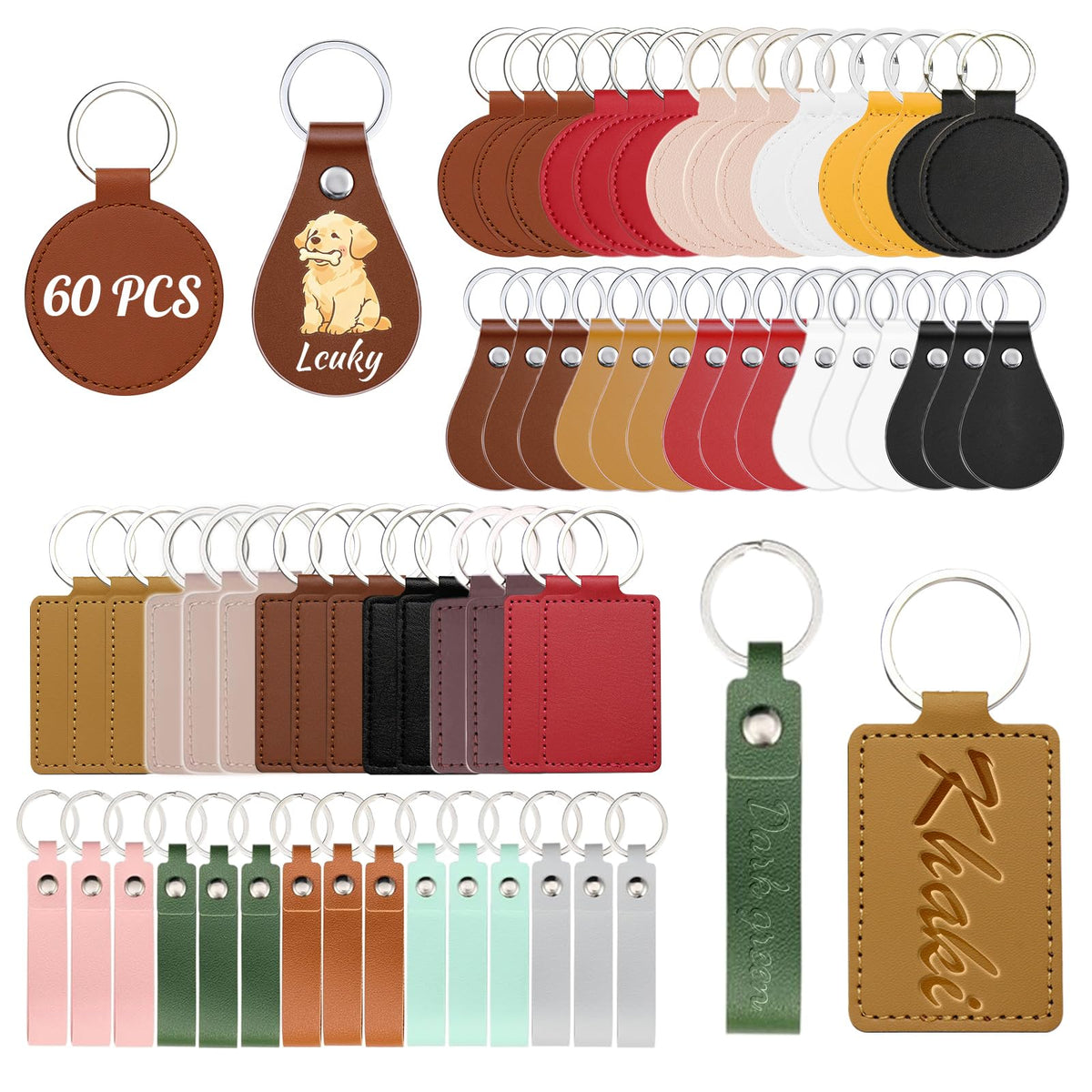 60Pcs PU Leather Key Fob Blanks with Key Rings, Multi Colors Round, Teardrop, Rectangular, Long Strip Keychain Blanks for Laser Engraving, DIY Leather Stamping, Crafting and Keychain Making