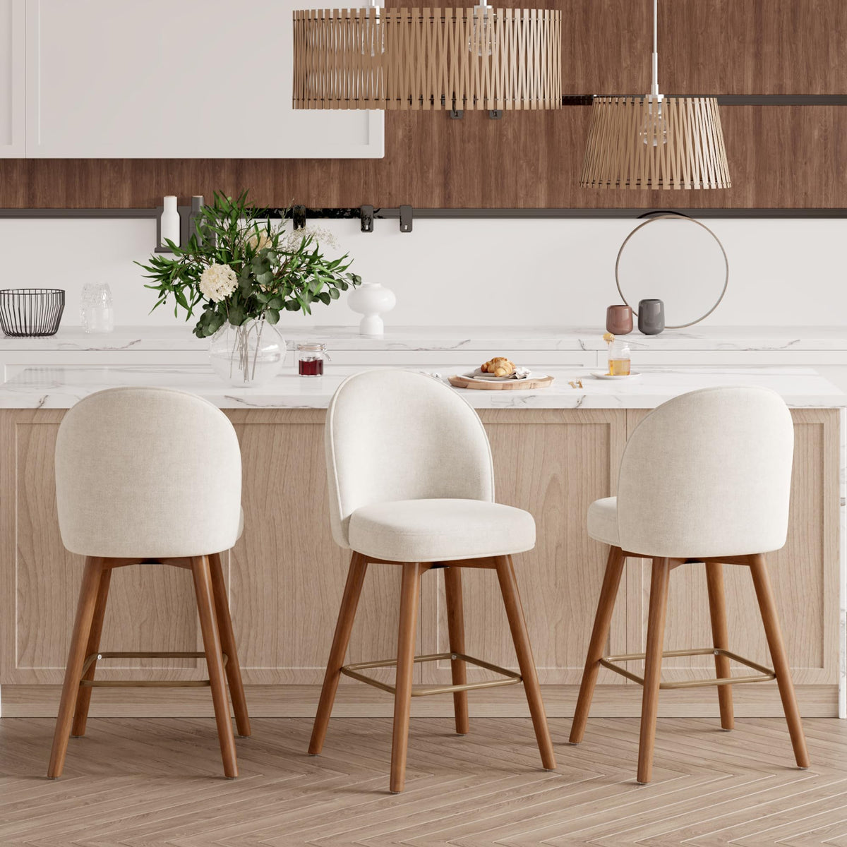 Daluvenix Modern Swivel Bar Stools Set of 3, Chic Upholstered Counter Height（26IN） Bar Chair with Back, Solid Wood Legs and Footrest, Comfortable Chenille Bar Stool for Kitchen Island, Cream White