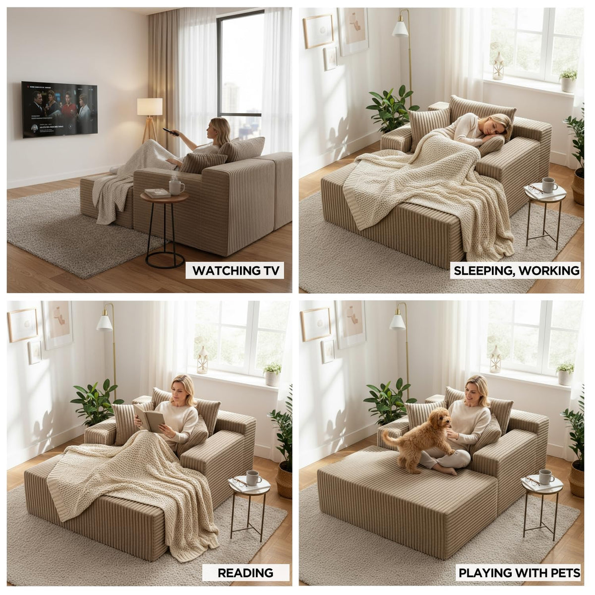 Sytopia Chaise Lounge with Armrests, Oversized Sofa Bed with 3 Pillows, Cozy Couch, Sleeper Reading Chair for Living Room Bedroom, Floor Sofa Corduroy, Furniture Sala, Cashmere Beige
