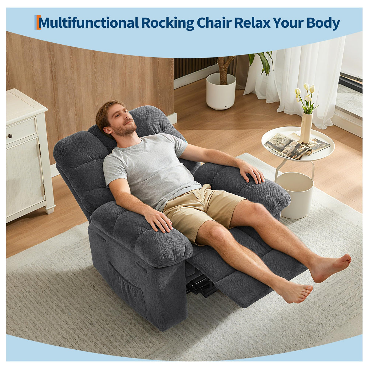 21.2'' Manual Recliner Chair,Ergonomic Overstuffed Breathable Fabric Reclining Chair with Side Pockets,Q235 Steel Frame Lazy Boy Recliner Single Sofa for Living Room Bedroom
