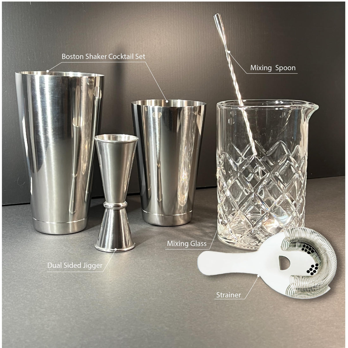 Lily's Home 6-Piece Boston Cocktail Shaker Set: Boston Shaker Cocktail Set,Mixing Glass, Mixing Spoon,Dual Sided Jigger and Stainer,for Home Mixology,Cocktail Lovers & Beginner