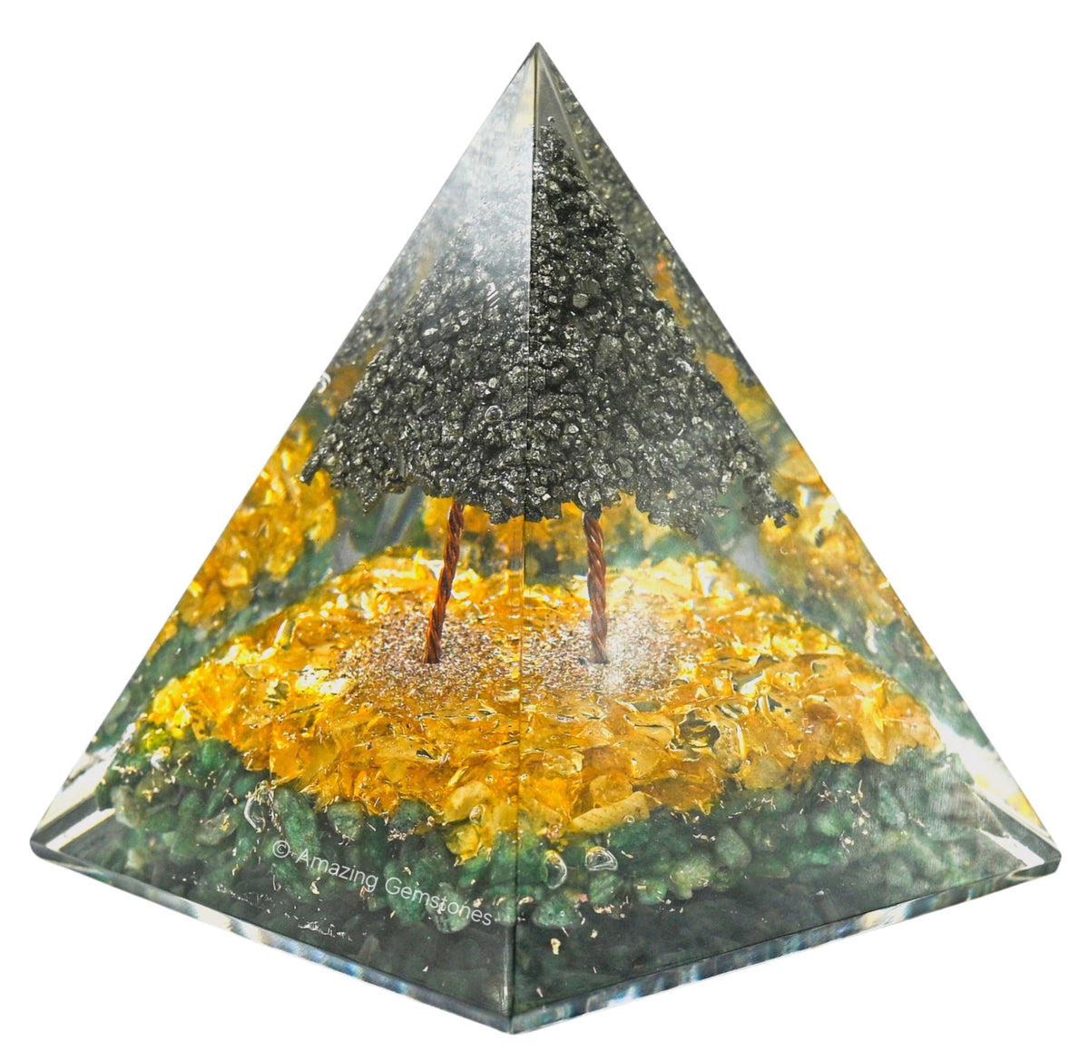 Amazing Gemstone Orgone Pyramid for Money with Pyrite Crystal Tree, Citrine and Green Aventurine Crystals and Healing Stones - Authentic Orgonite & Organite Gifts to Atrract Money Abundance Wealth