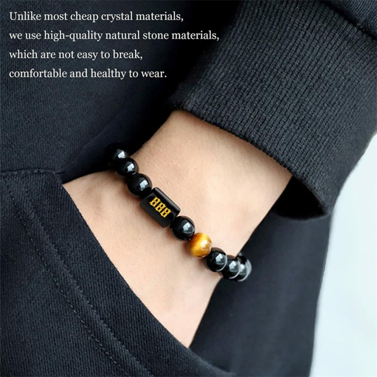 Angel Number Bracelet for Women – Black Onyx & Tiger Eye Adjustable Crystal Bracelet for Healing, Protection, Manifestation – Spiritual Jewelry Gift Box Included - 555