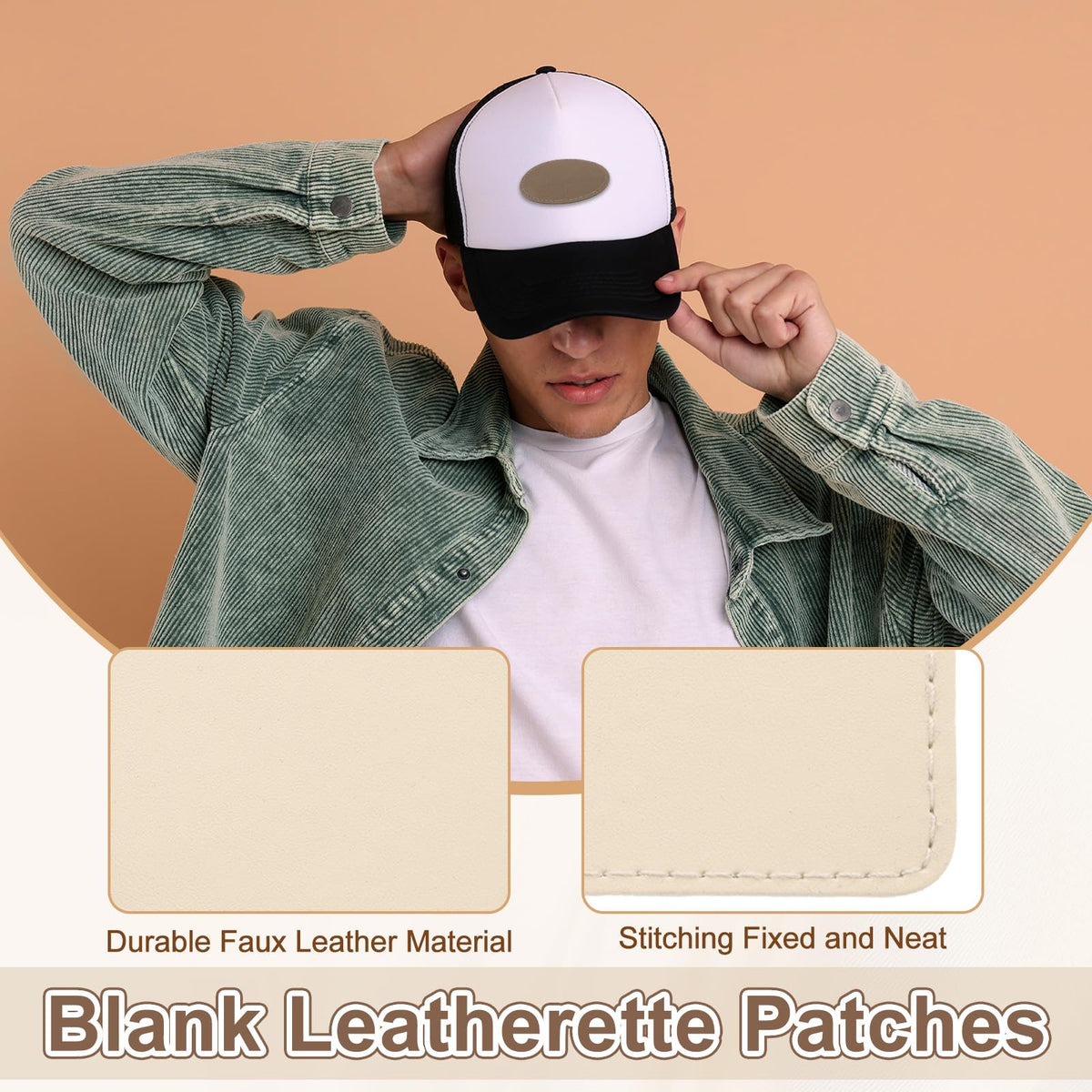 MECCANIXITY Blank Leatherette Patches, 3x2 Inch Rectangle Faux Leather Hat Patches with Adhesive Iron-on Heat Press Laserable Rustic for Hats DIY Fabric Repair Sew(Beige, Pack of 25)