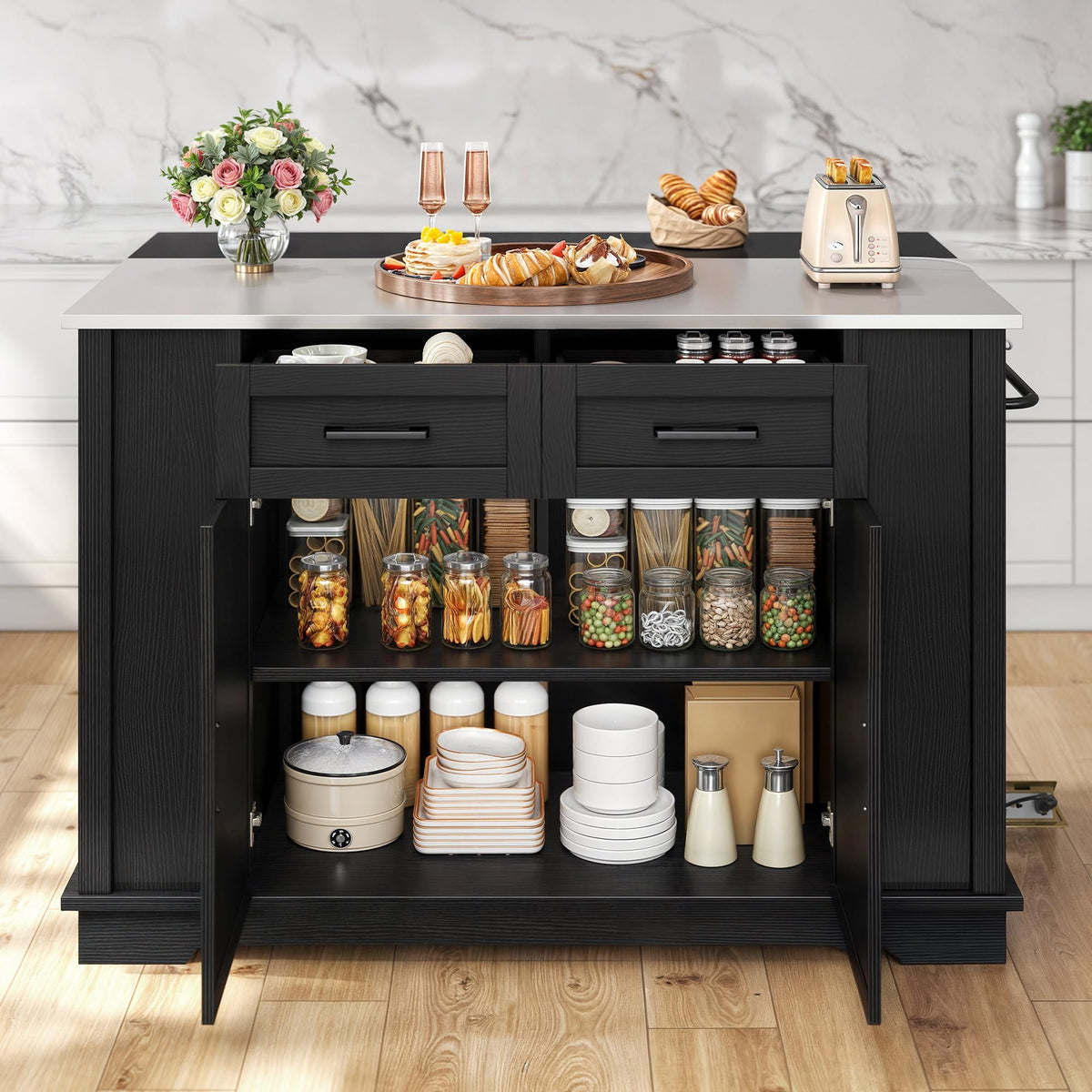 DWVO Kitchen Island w Stainless Steel Top Drop Leaf Bar Seating Power Outlet, 47" Portable Rolling Mobile Center Islands w Folding Dropleaf Storage Drawer Cabinet Wheel Counter Height Metal Top, Black