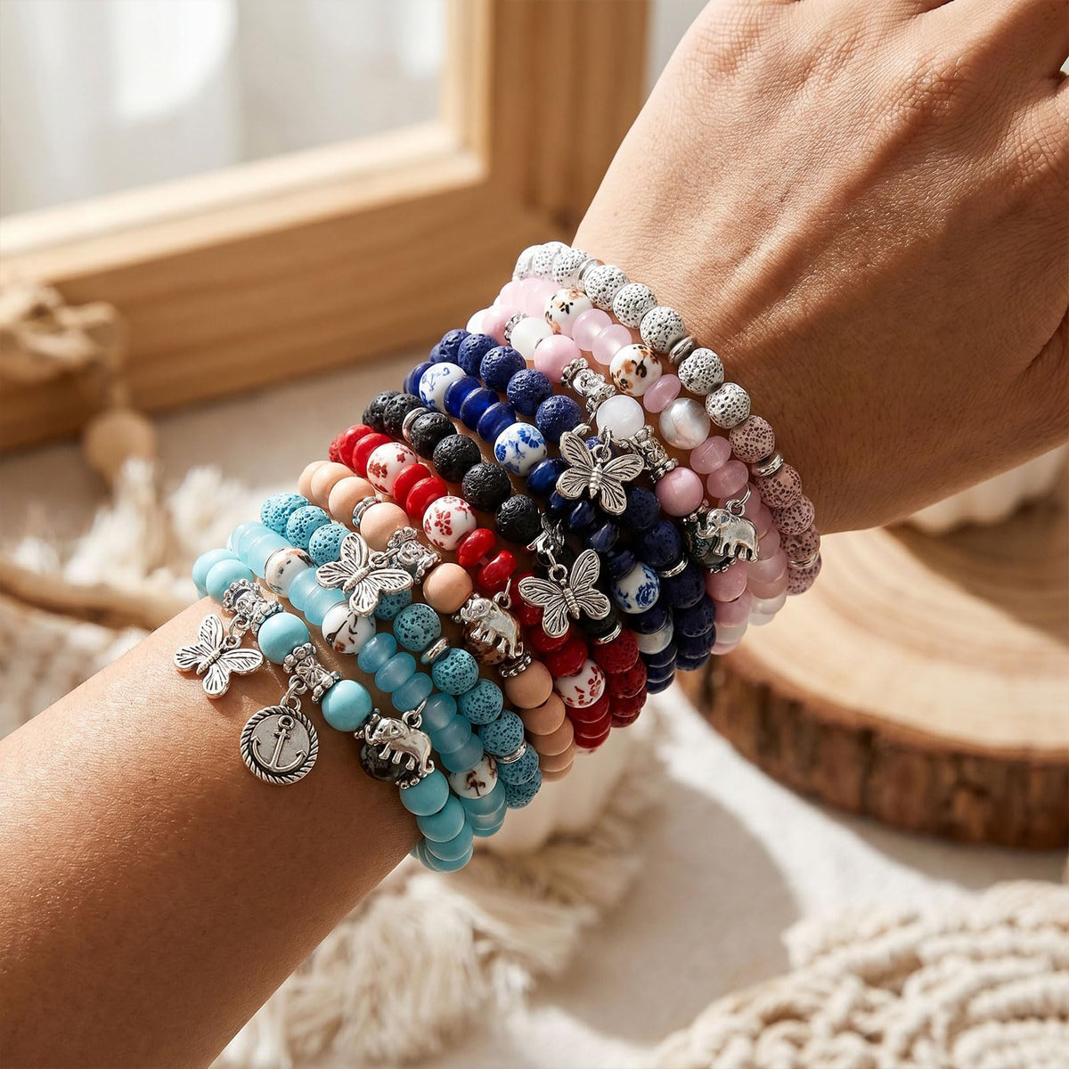 JununGao 7 Pack Bohemian Boho Bracelets for Women Set,Stackable Bracelets, Stretch Multilayer Colorful Beaded Charm Bracelets, Handmade Jewelry.