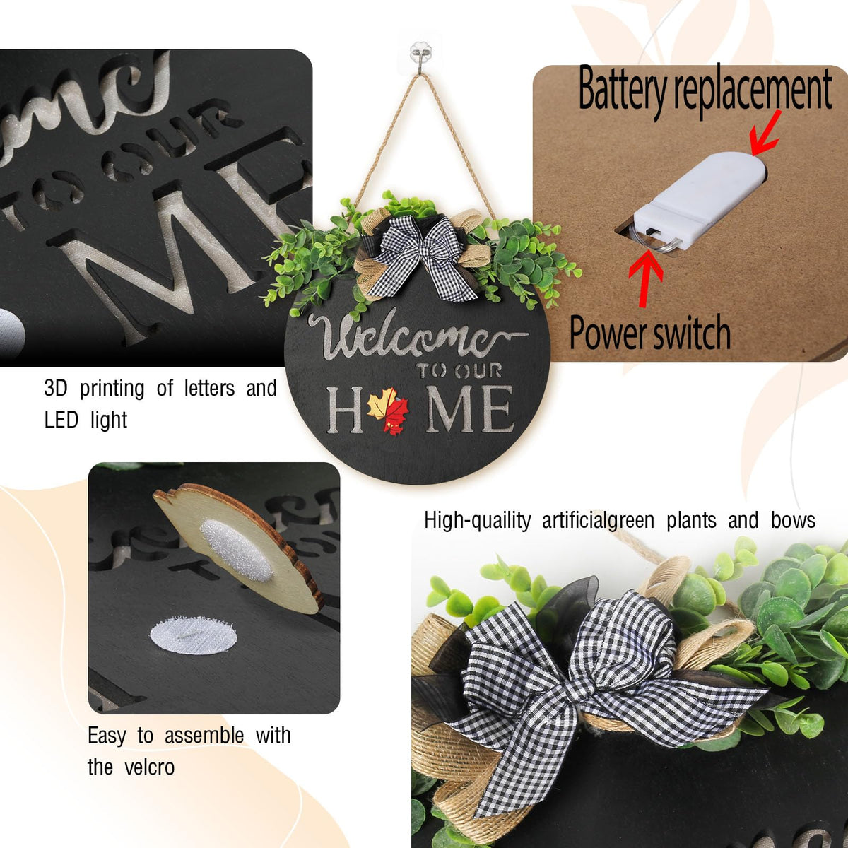 MIPON Interchangeable Welcome Sign for Front Door with LED Light, 17 Changeable Icons 3D Letters, Farmhouse Seasonal Porch Decor Hanging Sign for All Seasons Holiday Decor(Black)