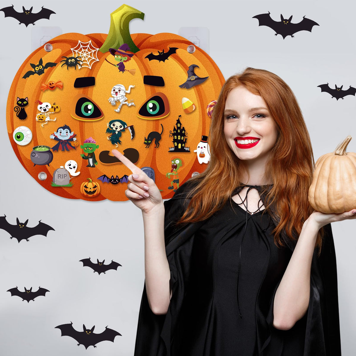 WovWeave 2.79ft DIY Felt Halloween Pumpkin Hanging Decor with 44 Pcs Ornaments Felt Pumpkin Witch Bat Kits with Hooks for Halloween Party Favor Gifts Home Wall Hanging Decorations Fun Activity