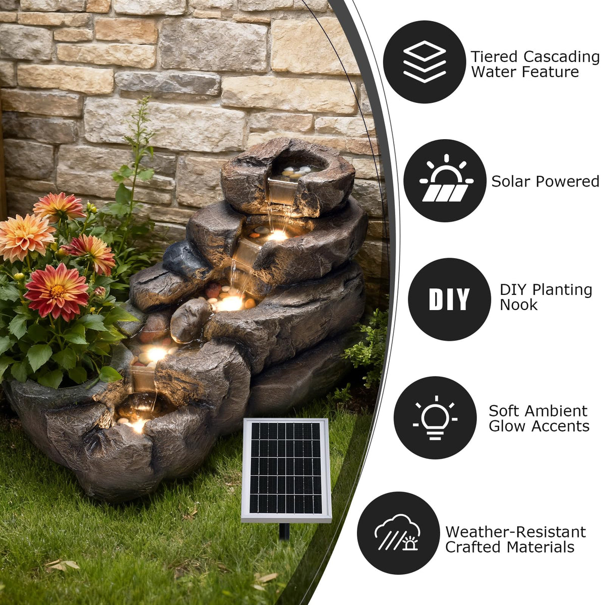 Pivotify 38.2" L Solar Water Fountain Outdoor,5-Tier Rock Waterfall Fountains Solar Powered Floor Standing Outdoor Water Feature with LED Lights for Patio, Garden,Porch, Yard, Home Art Decor（Brown）
