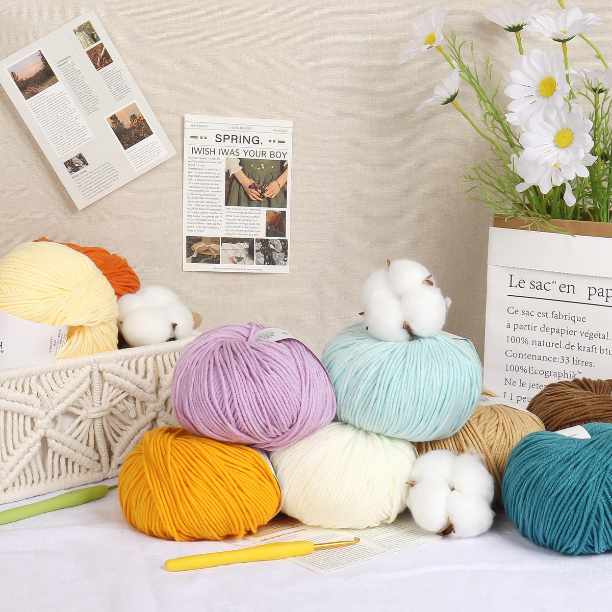 Katech 20 Skeins Cotton Yarn for Crocheting-55% Cotton 45% Acrylic-#3 DK (Light)-Super Soft Milk Cotton Yarn-Great Crochet and Knitting Starter Kit for Colorful Craft（Color A）