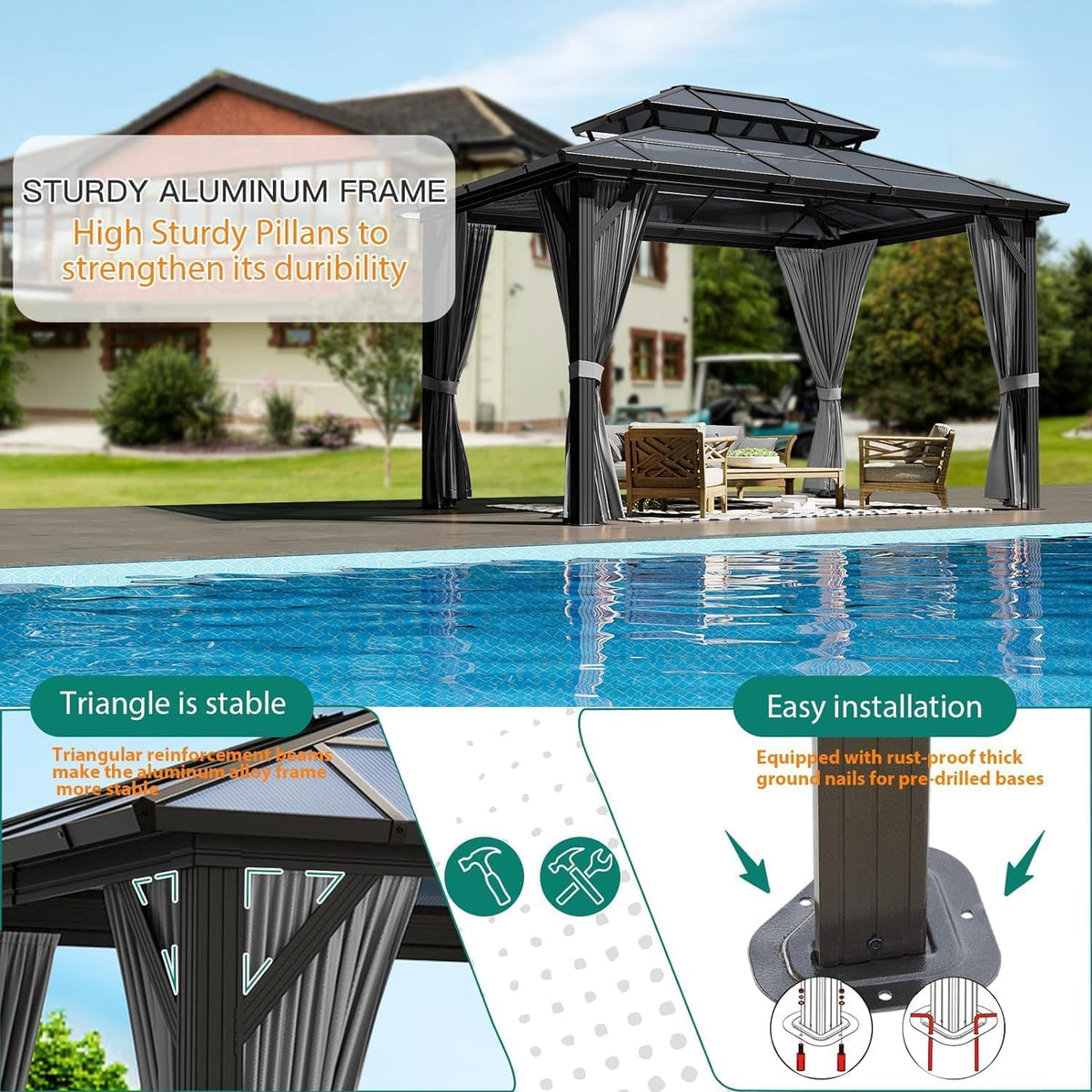 Hardtop Gazebo 10'x12' Double-Layer Polycarbonate Double Roof, Aluminum Frame Pavilion with Privacy Curtains and Netting All-Season for Patio, Garden, Hot Tub & Backyard