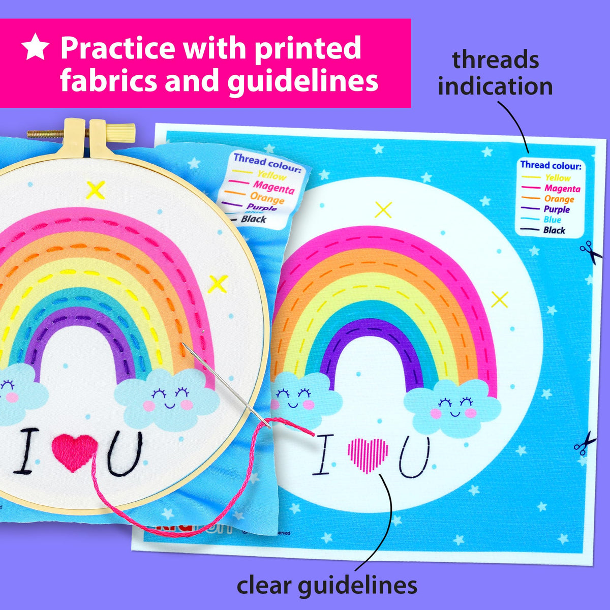 KRAFUN My First Embroidery Kit for Kids & Teens Age 8+, Beginner Hand Stitch Starter Set, 7 Pre-Printed Practice Cloths, DIY Tote Bag, Hoop & Tool Box, Arts & Crafts Gift for Girls