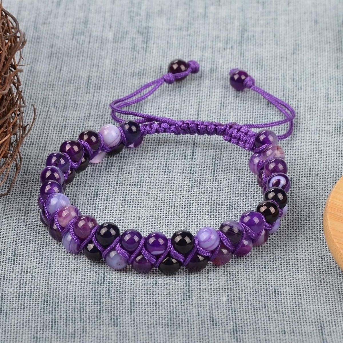 MASSIVE BEADS Natural Chakra Healing Power Crystals Macrame Bracelet Yoga Double Layer Stone Beads Gemstone Meditation Relax Anxiety Bangle for Unisex Women Men (Purple Strip Agate, 6mm)
