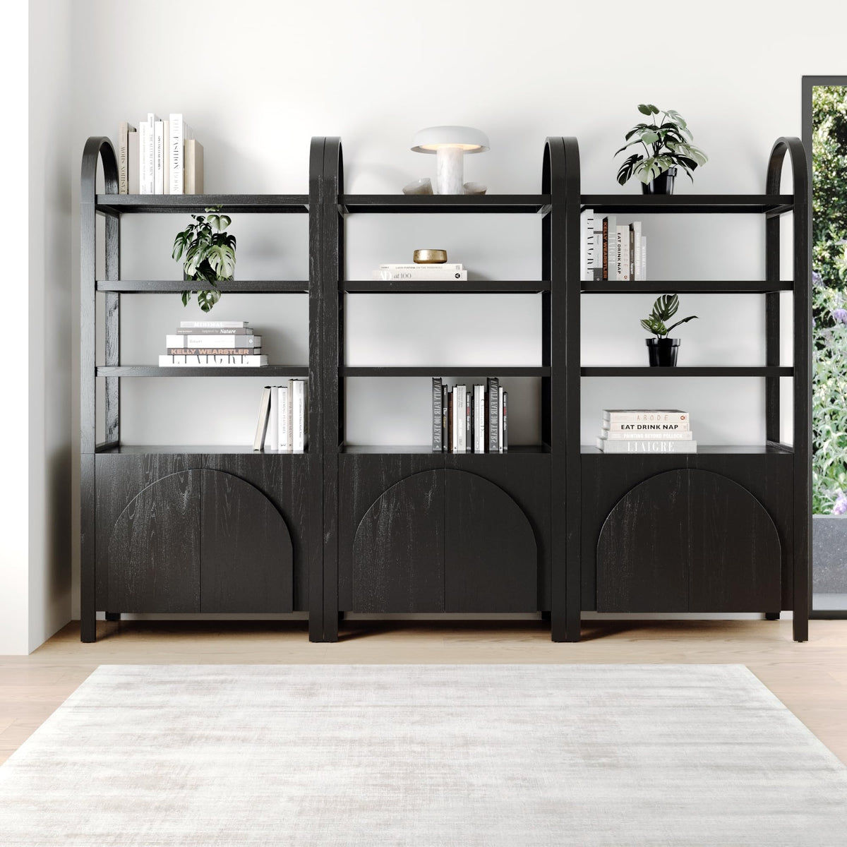 Nathan James Iris 3 Tier Bookshelf, Arched Bookcase Cabinet, Solid Wood Bookcase with Cabinet Base, Boho Bookshelf in Midnight Charcoal Finish, Set of 3