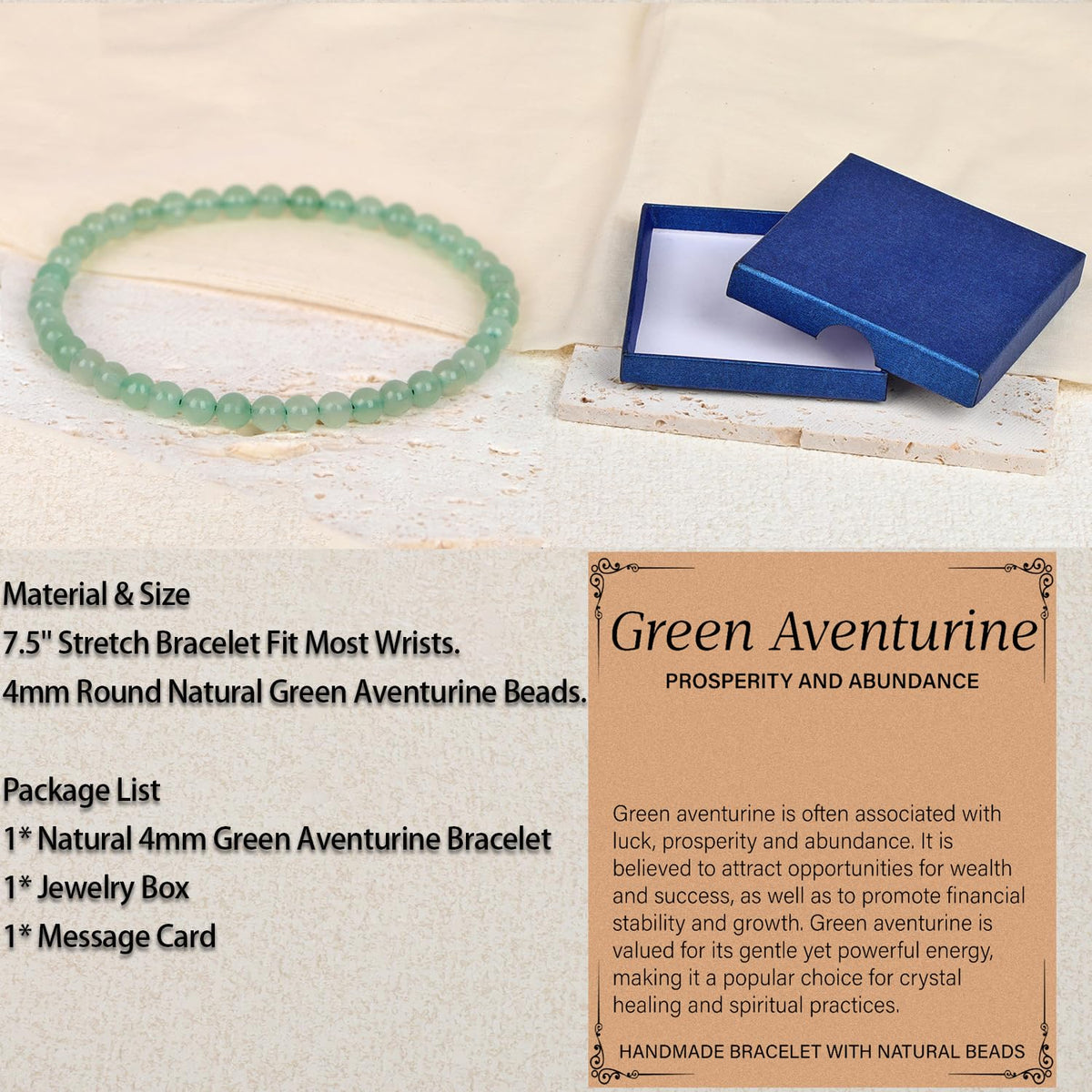 LPBeads Handmade Natural Gemstone Stretch Elastic 4mm Green Aventurine Bracelet Healing Crystal Round Stone Beads Jewelry Gifts for Women Men
