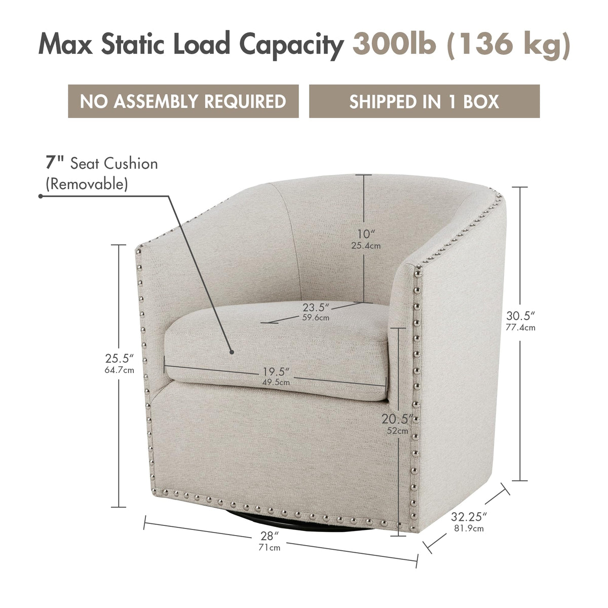 Madison Park Swivel Barrel Accent Chair, Upholstered Curved Back with 7-Inch Thick Woven Cushion, 360° Swivel, Nailhead Trim, Comfy Chair for Living Room, Bedroom, Office, 28" Wide, Neutral, Tyler