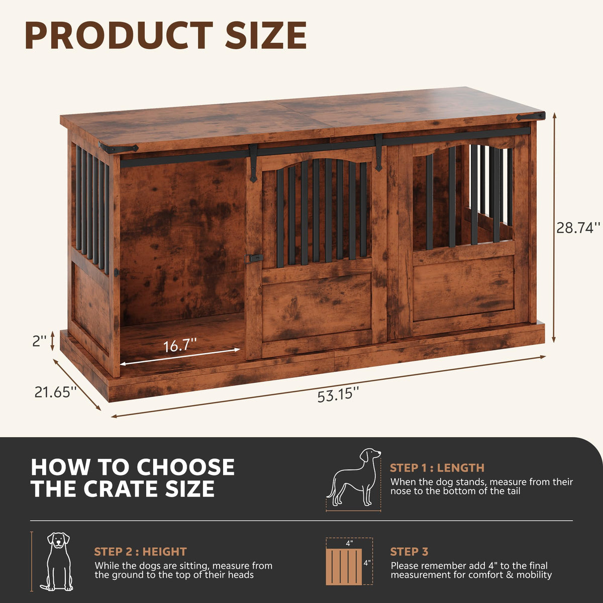 Homiflex Dog Crate Furniture with Barn Sliding Doors, 53" Large Dog Kennel Furniture Indoor with Divider for Medium Large Dogs, Heavy Duty Wooden Dog Cage Decorative TV Stand, Brown