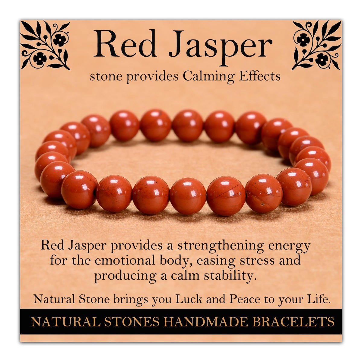 Handmade Natural Gemstone Elastic Bracelet - Healing Crystal Beads Jewelry, Unisex (Red Jasper, 8mm)