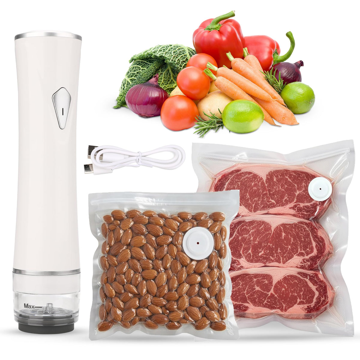 Handheld Vacuum Sealer for Food Storage - Vacuum Storage Bags and Machine - 30 Reusable Freezer Bags - USB Rechargeable - Mini Bag Sealer - Kitchen Gadgets for Meal Prep Essentials