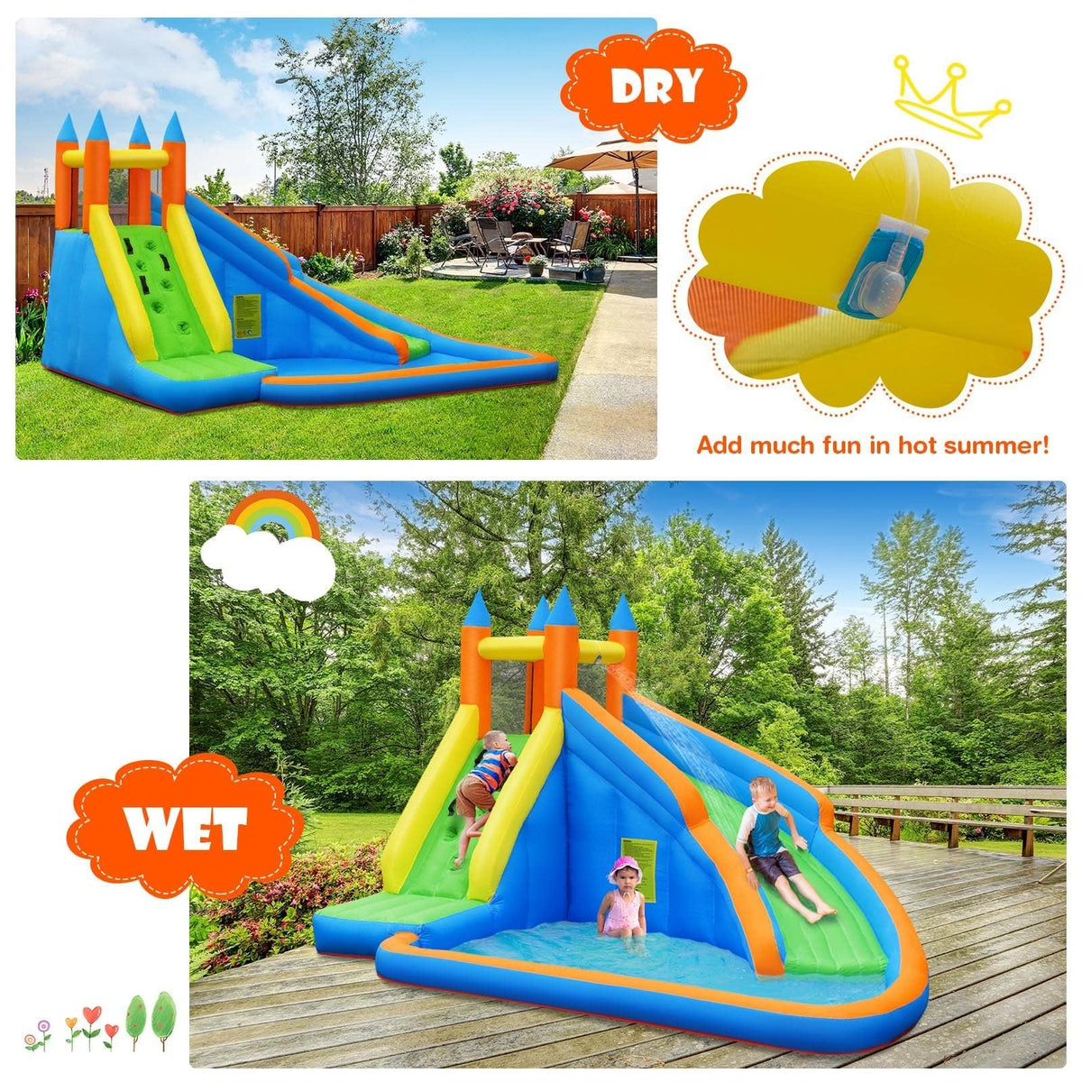 Costzon Inflatable Water Slide, Giant Bouncy Waterslide Park for Kids Backyard Outdoor Fun w/ 950w Blower, Climbing, Splash Pool, 2-pcs, Blow up Water Slides Inflatables for Kids Party Gift