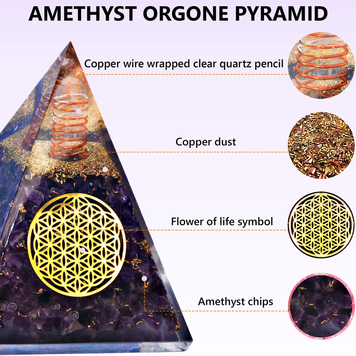 Anaya Agate Orgone Pyramid – Handmade Amethyst Crystal Pyramid – Orgonite Pyramids with Amethyst Crystal Stone, Flower of Life – Crystals and Healing Stones for Spiritual Wisdom and Awakening