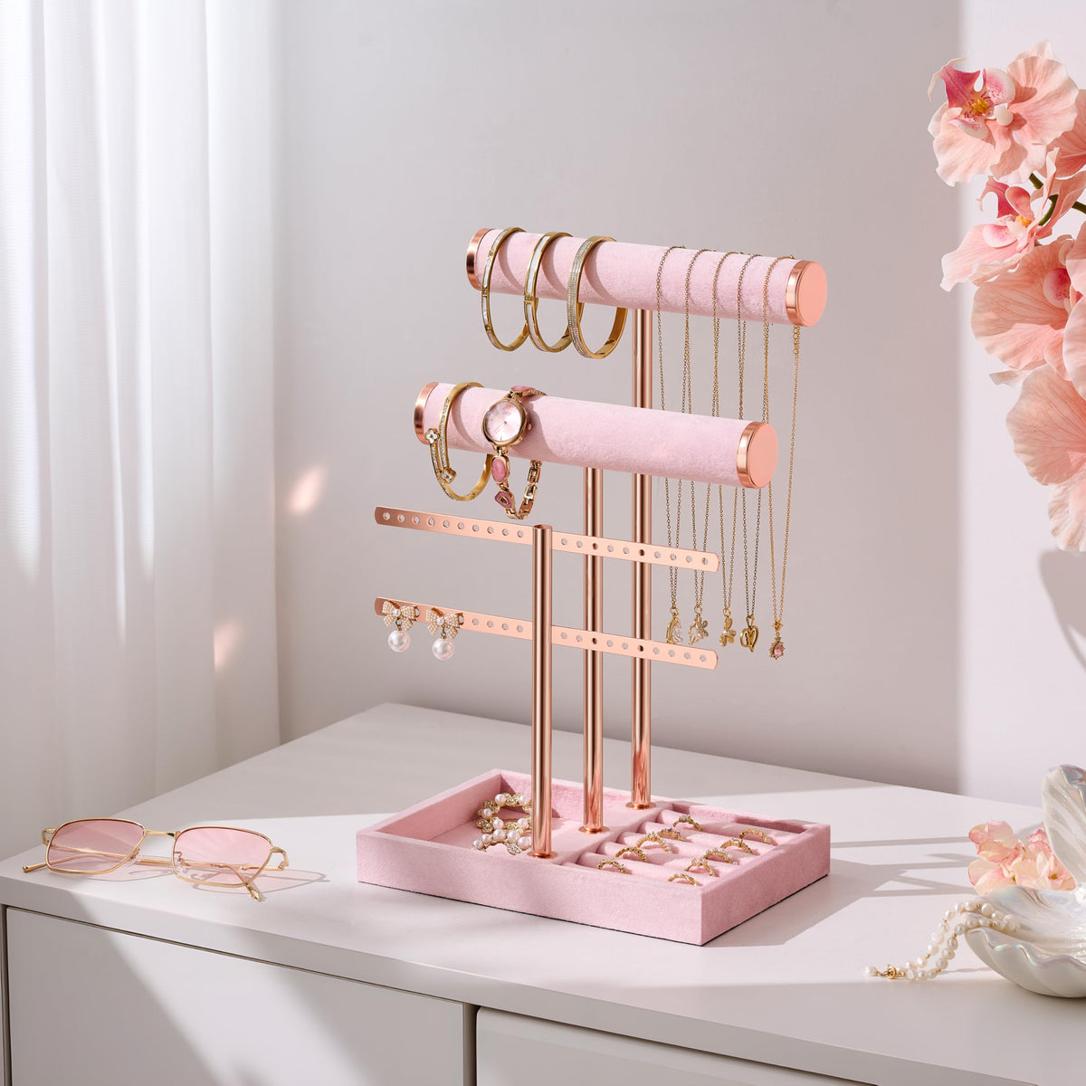 bussdis 3 Tier Bracelet Holder Display - Detachable T Bar Pink Velvet Bracelet Holder, Jewelry Holder Organizer for Bracelet, Necklace, Earrings, Rings