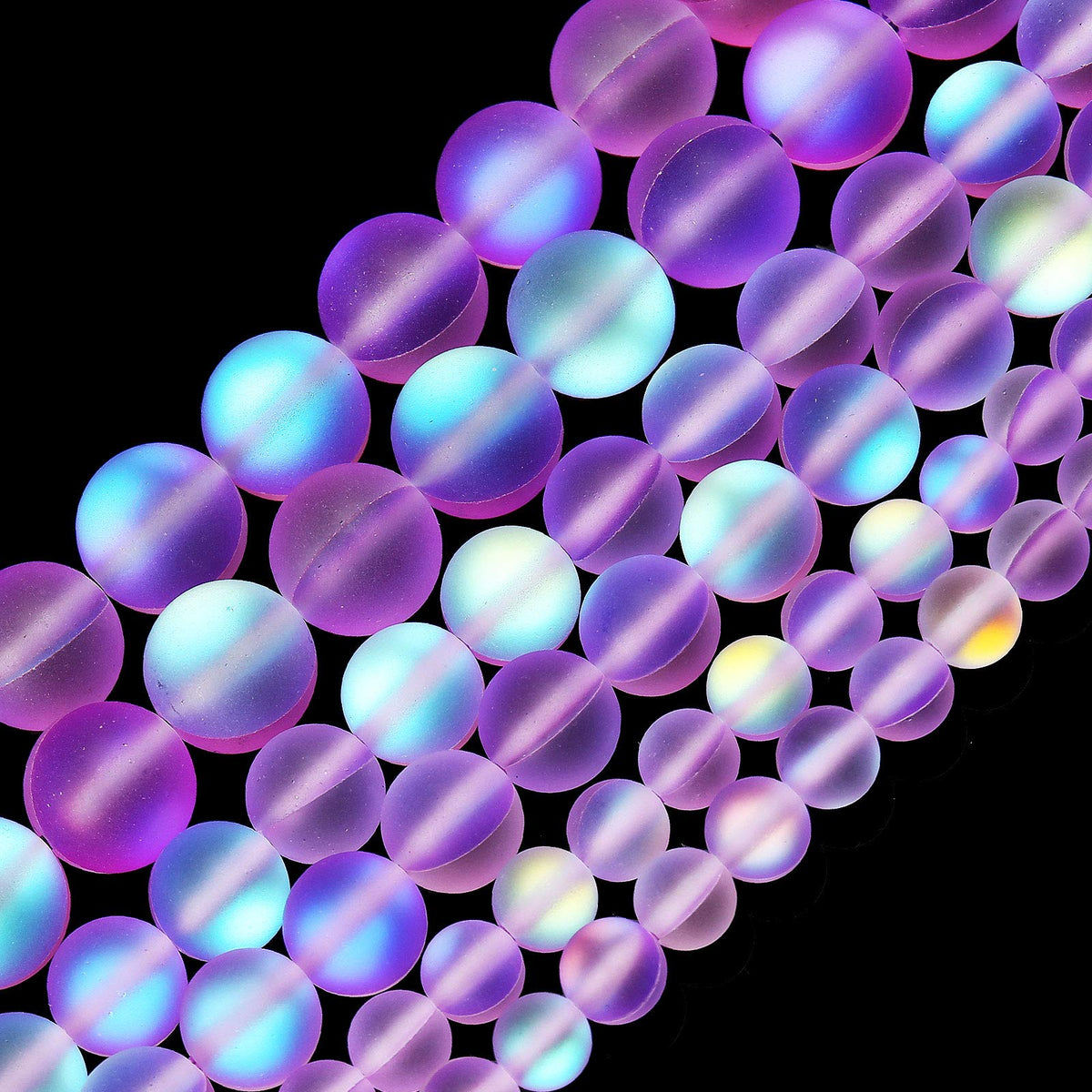 Matte Purple Aurora Crystal Glass Beads, 10MM Frosted Glitter Shining Mermaid Round Loose Beads, Rainbow Holographic Synthetic Moonstone for Jewelry Making DIY Bracelet
