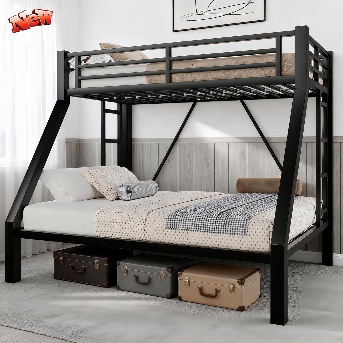 ATOPCORP Heavy-Duty Metal Twin XL Over Queen Bunk Bed with 2 Ladders,Higher Quality Metal Bunk Bed Queen Size for Boys Girls Teens Adults,No Box Spring Needed,Weight Capacity 600LBS (Black)