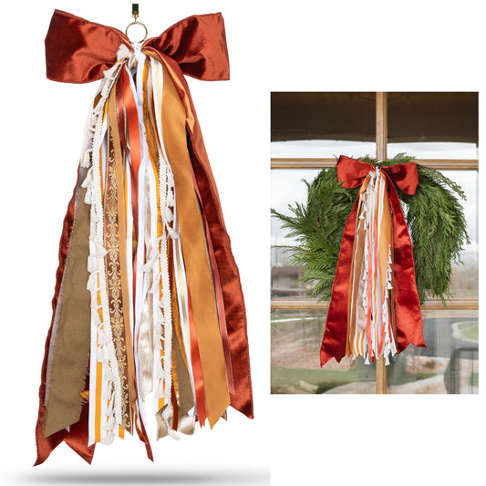 Wreath Ribbon Set - Decorative Bow & Assorted Ribbon for Wreaths - Clip-On Wreath Sash Ribbons Bundle for Indoor & Outdoor Use - Premium Wreath Making Supplies - Velvet Rust
